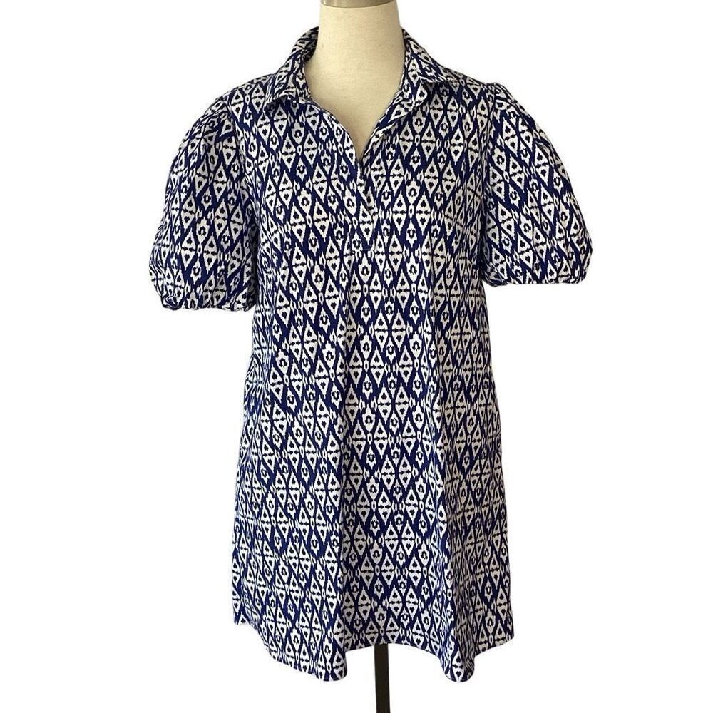 Chico’s Blue White Ikat Dress Stretch Bubble Sleeves Women’s 2/US 12 Large